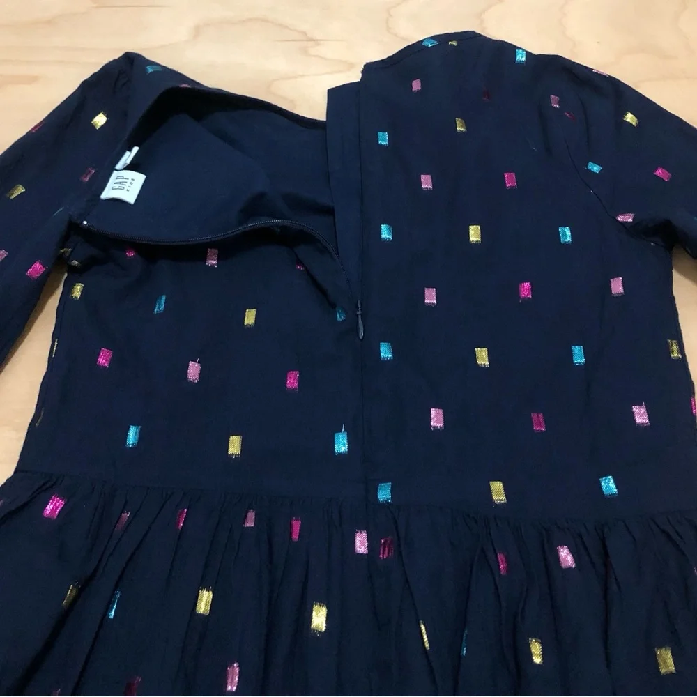 GAP Kids Metallic Dot Dress Navy Blue Long Sleeve Cotton Girls XL.